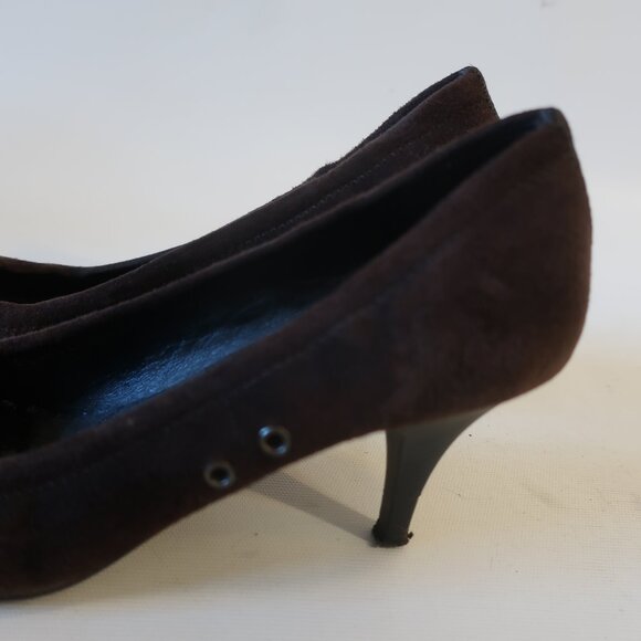 Womens Prada Brown Black Suede Patent Leather Capped Toe Heels Pumps 38.5 US/8.5 - Picture 9 of 16